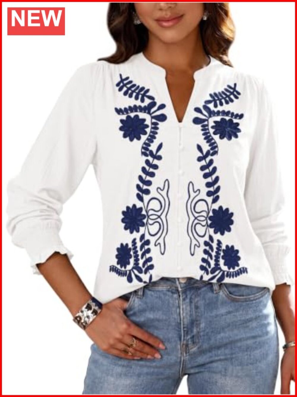 Women's V-Neck Embroidered Cotton Button Down Blouse Puff Sleeve